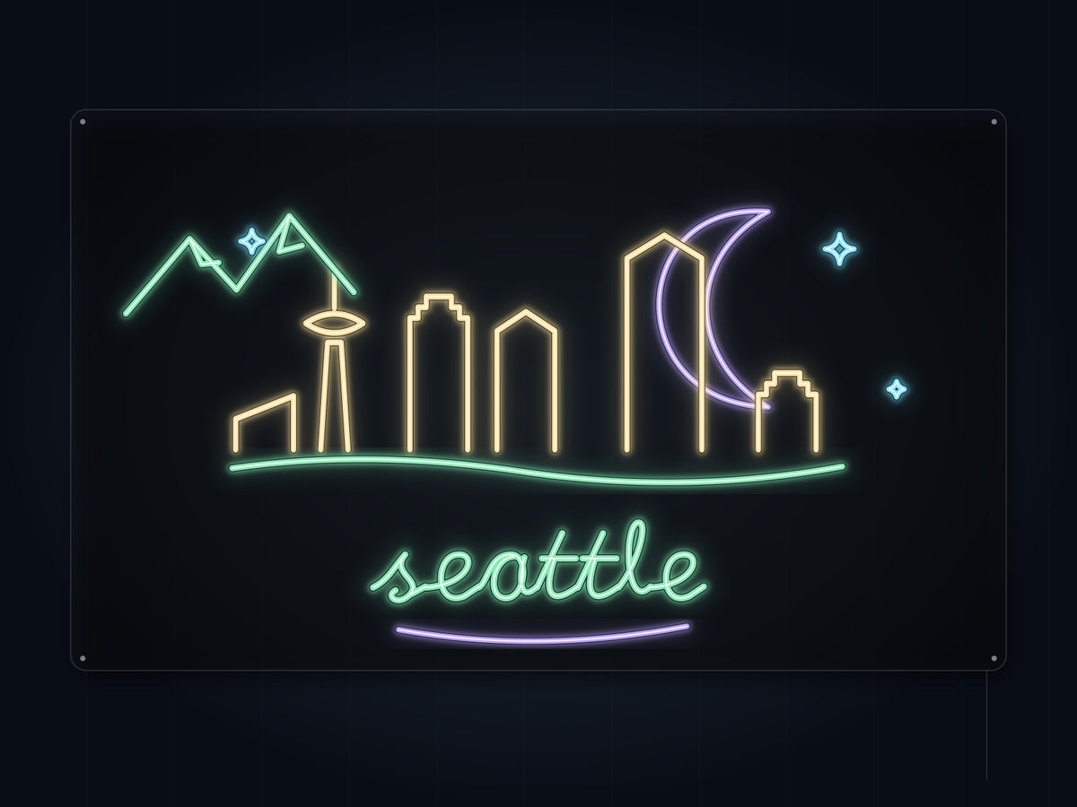 Seattle Skyline Neon Sign with colorful landmark artwork and flowing city lettering - front digital render