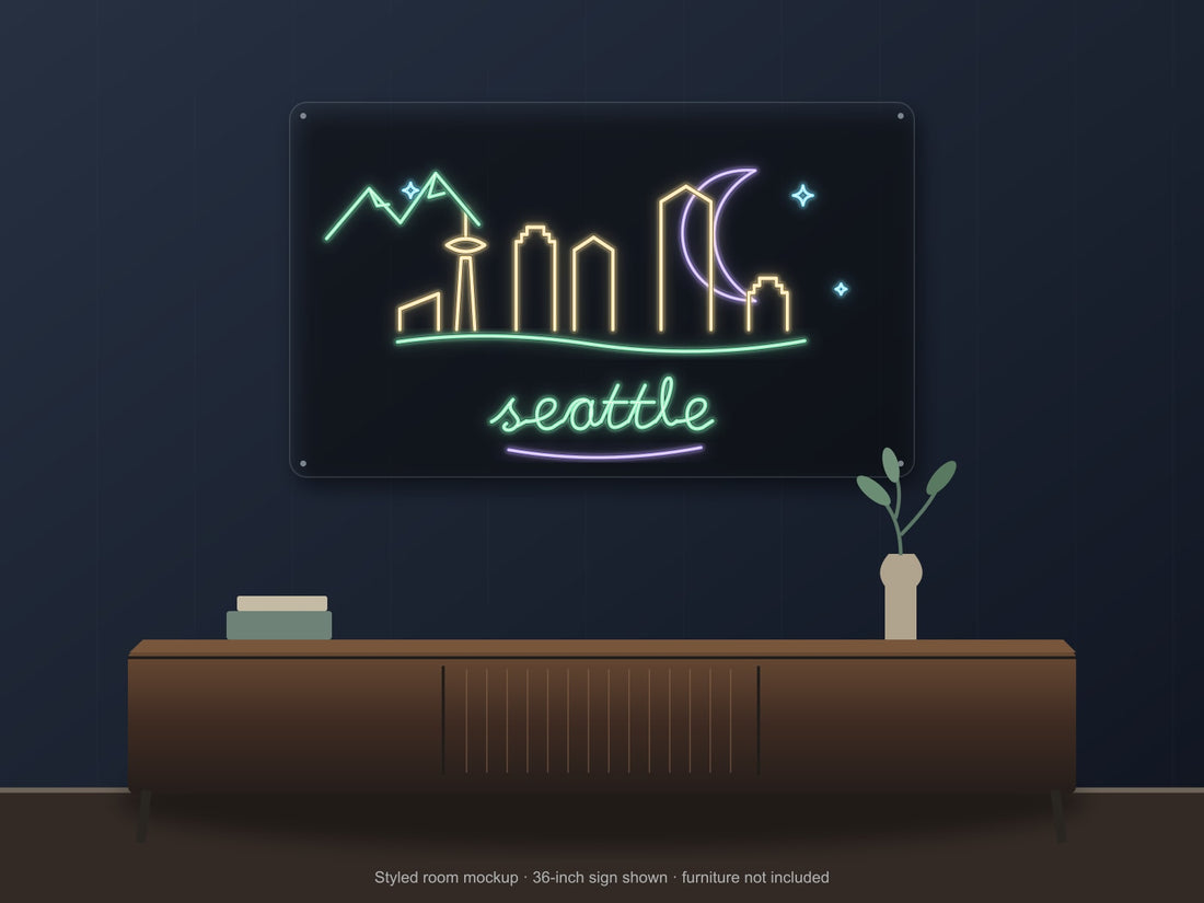 Seattle Skyline Neon Sign with colorful landmark artwork and flowing city lettering - front digital render