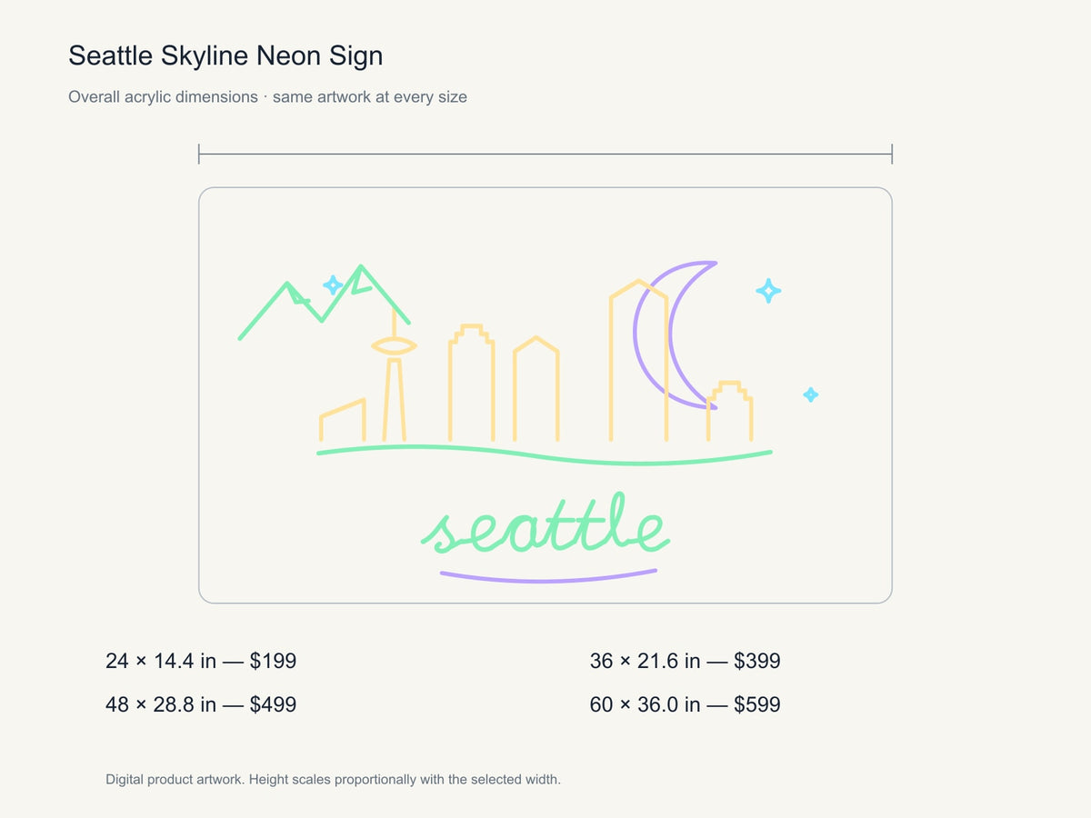 Seattle Skyline Neon Sign size guide with overall dimensions for all four widths