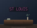 St. Louis City Name Neon Sign shown above a walnut console in a styled room mockup
