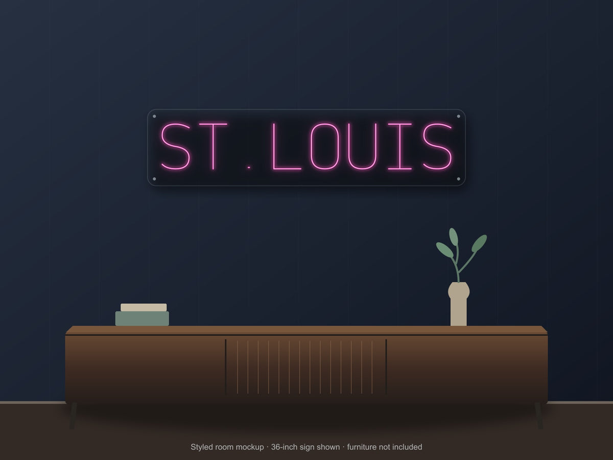 St. Louis City Name Neon Sign shown above a walnut console in a styled room mockup