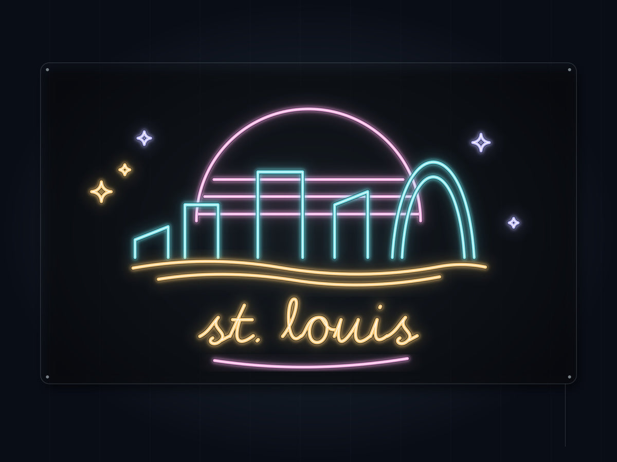 St. Louis Skyline Neon Sign with colorful landmark artwork and flowing city lettering - front digital render