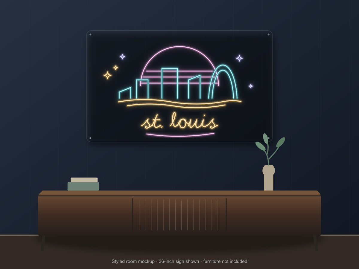 St. Louis Skyline Neon Sign shown above a walnut console in a styled room mockup