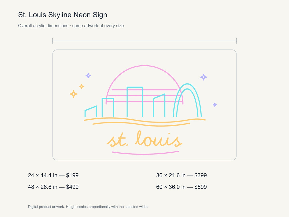 St. Louis Skyline Neon Sign size guide with overall dimensions for all four widths