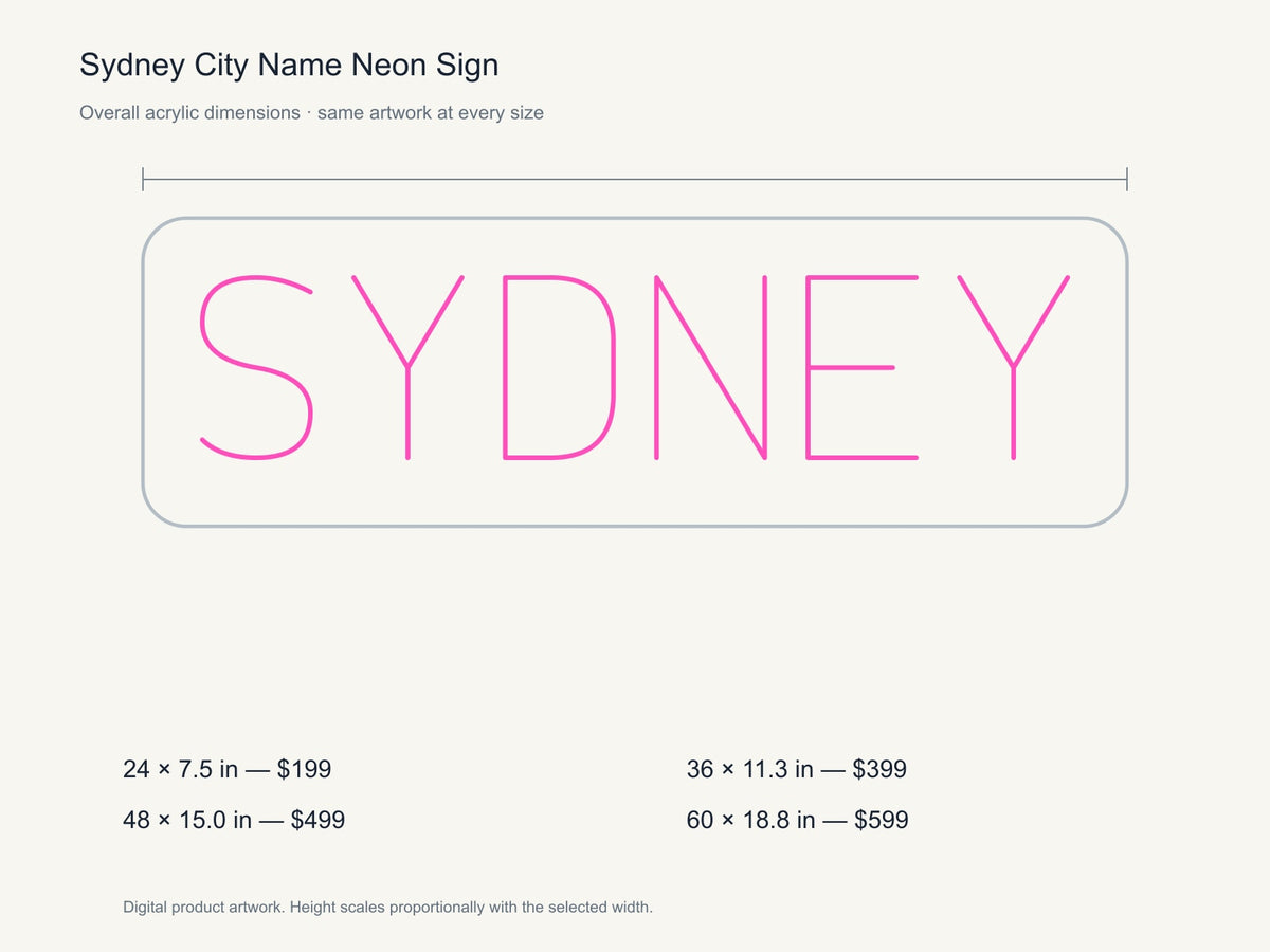 Sydney City Name Neon Sign size guide with overall dimensions for all four widths