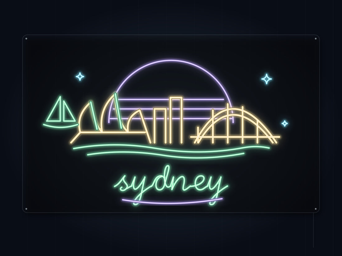 Sydney Skyline Neon Sign with colorful landmark artwork and flowing city lettering - front digital render