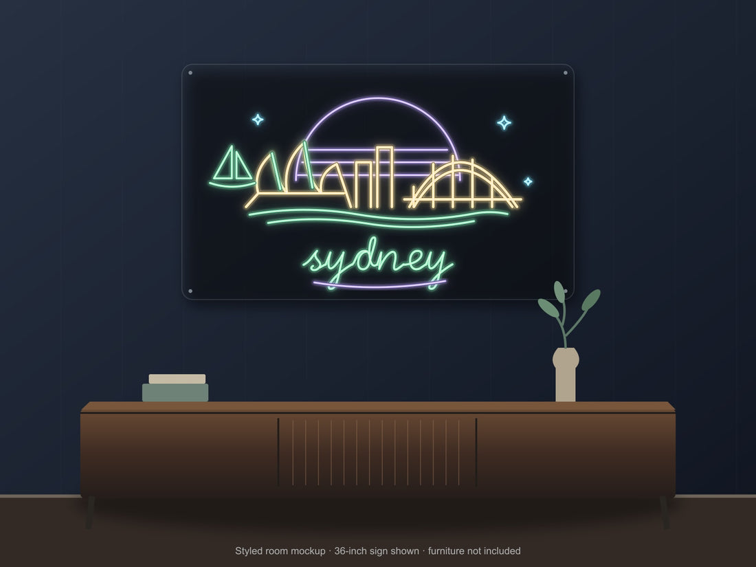Sydney Skyline Neon Sign with colorful landmark artwork and flowing city lettering - front digital render