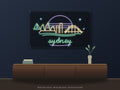 Sydney Skyline Neon Sign shown above a walnut console in a styled room mockup