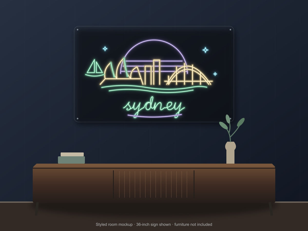 Sydney Skyline Neon Sign shown above a walnut console in a styled room mockup