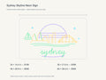 Sydney Skyline Neon Sign size guide with overall dimensions for all four widths