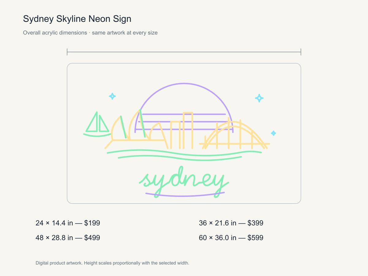 Sydney Skyline Neon Sign size guide with overall dimensions for all four widths