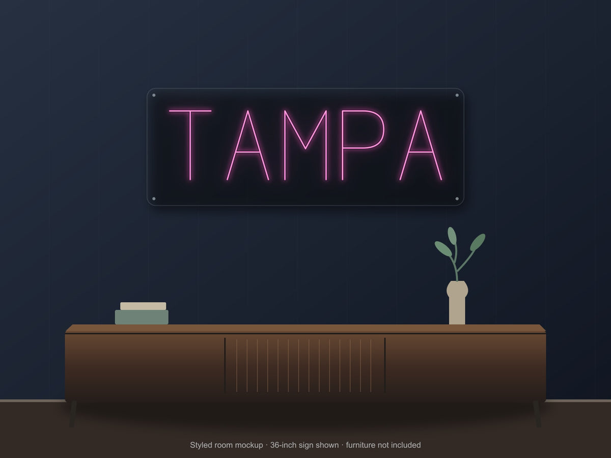 Tampa City Name Neon Sign shown above a walnut console in a styled room mockup