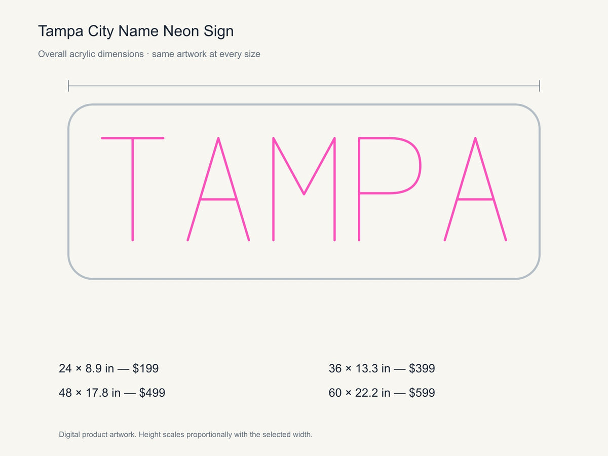 Tampa City Name Neon Sign size guide with overall dimensions for all four widths
