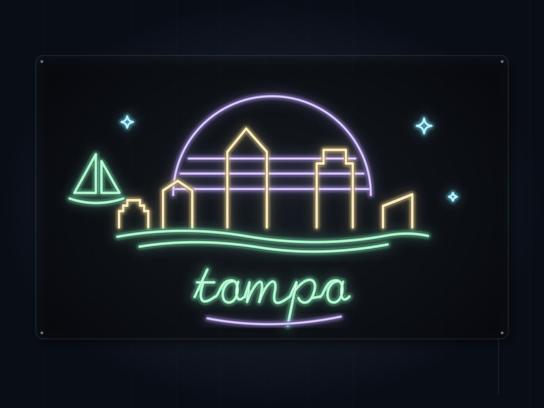 Tampa Skyline Neon Sign with colorful landmark artwork and flowing city lettering - front digital render