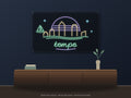 Tampa Skyline Neon Sign shown above a walnut console in a styled room mockup