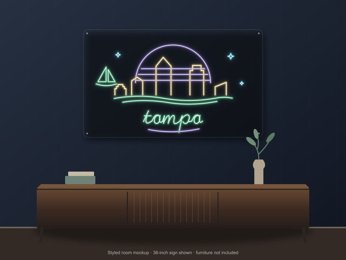 Tampa Skyline Neon Sign shown above a walnut console in a styled room mockup