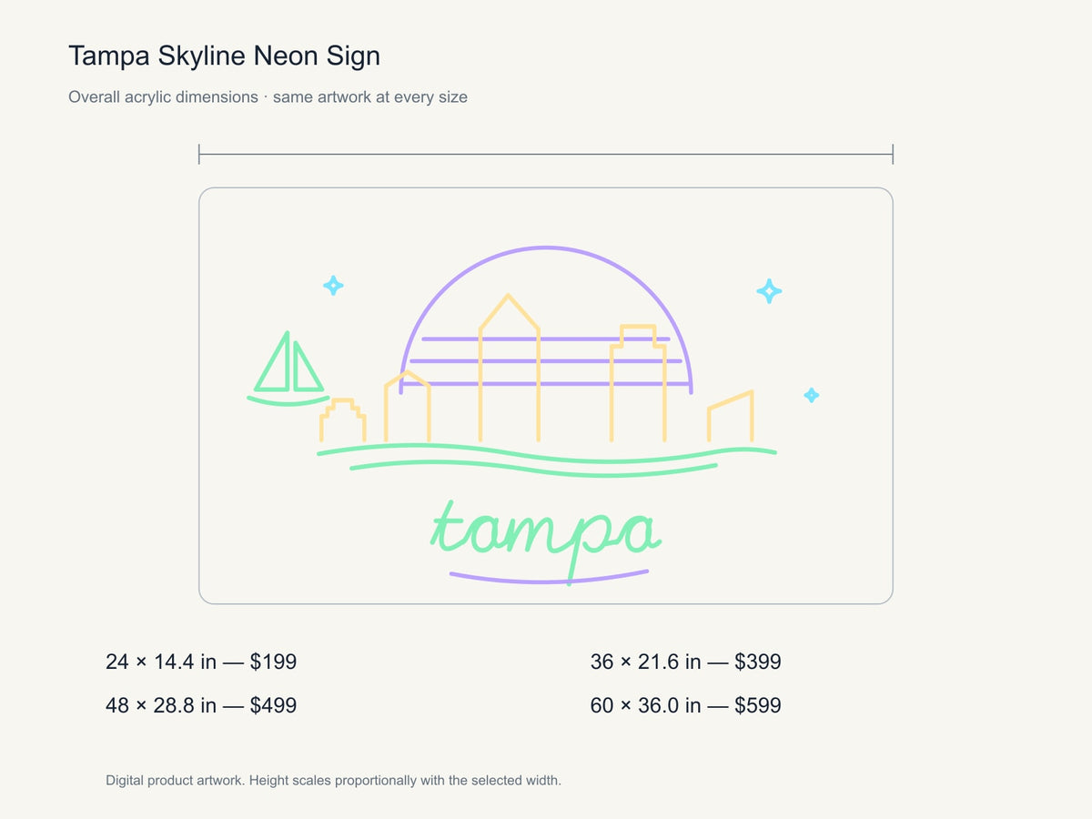 Tampa Skyline Neon Sign size guide with overall dimensions for all four widths