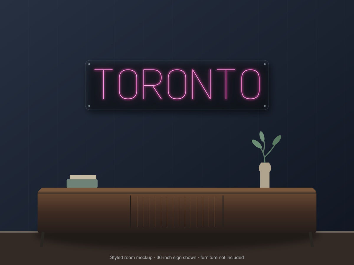 Toronto City Name Neon Sign shown above a walnut console in a styled room mockup