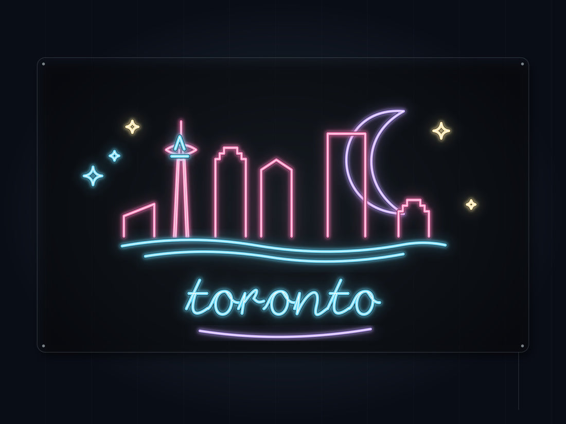 Toronto Skyline Neon Sign with colorful landmark artwork and flowing city lettering - front digital render