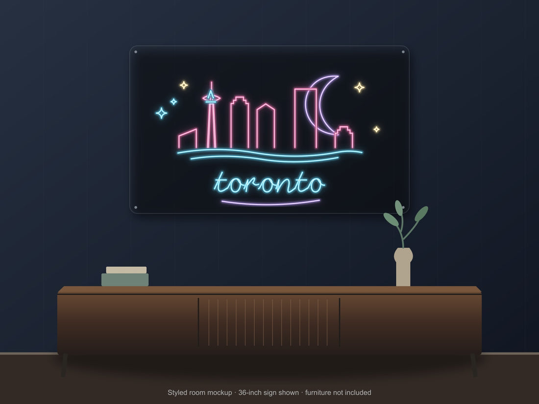 Toronto Skyline Neon Sign with colorful landmark artwork and flowing city lettering - front digital render