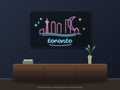 Toronto Skyline Neon Sign shown above a walnut console in a styled room mockup