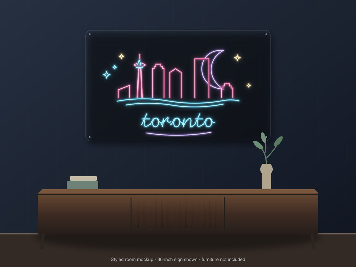 Toronto Skyline Neon Sign shown above a walnut console in a styled room mockup