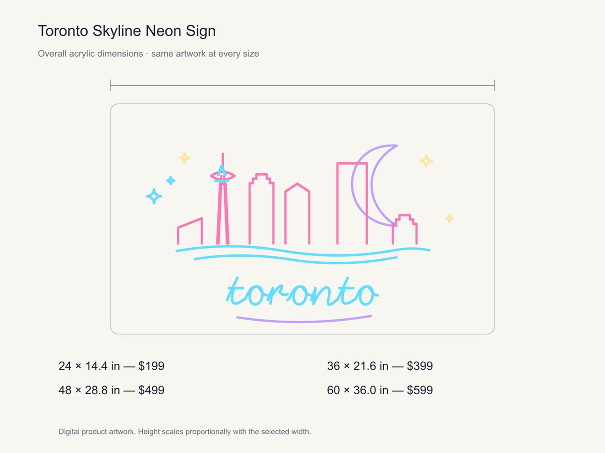 Toronto Skyline Neon Sign size guide with overall dimensions for all four widths