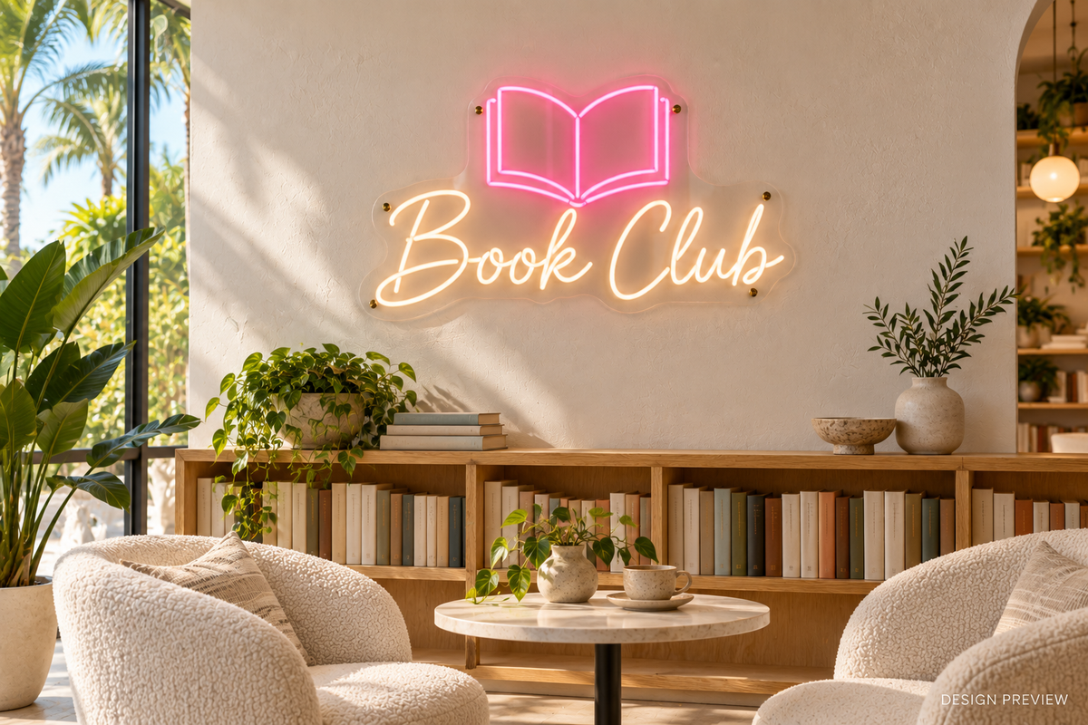 Book Club neon sign above bookshelves in a bookstore cafe - design preview