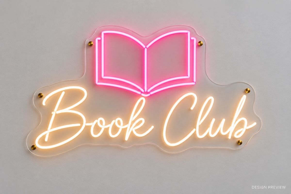 Front view of Book Club script LED neon sign on clear acrylic - design preview