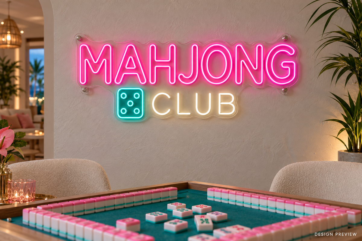 Mahjong Club LED neon sign in pink, soft white and teal above a game table - design preview