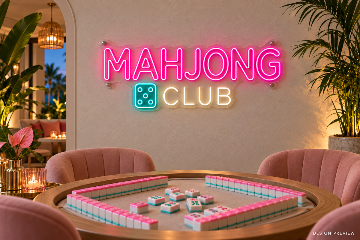 Mahjong Club neon sign with a five-pip teal tile in a social-club lounge - design preview