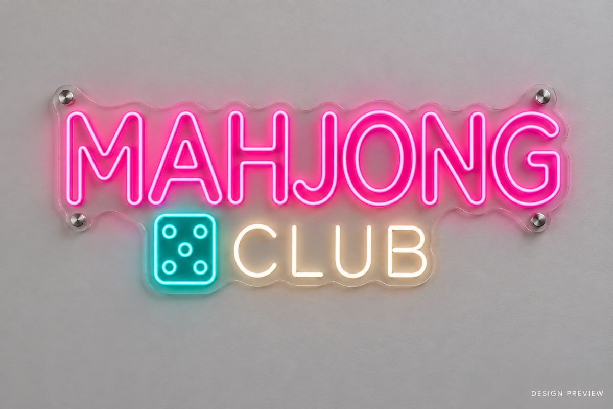 Front view of Mahjong Club LED neon lettering and clear acrylic backing - design preview