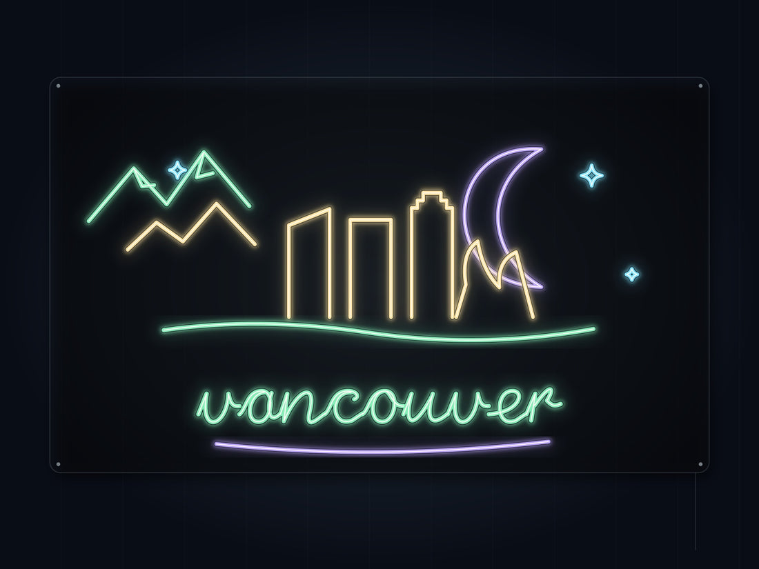 Vancouver Skyline Neon Sign with colorful landmark artwork and flowing city lettering - front digital render