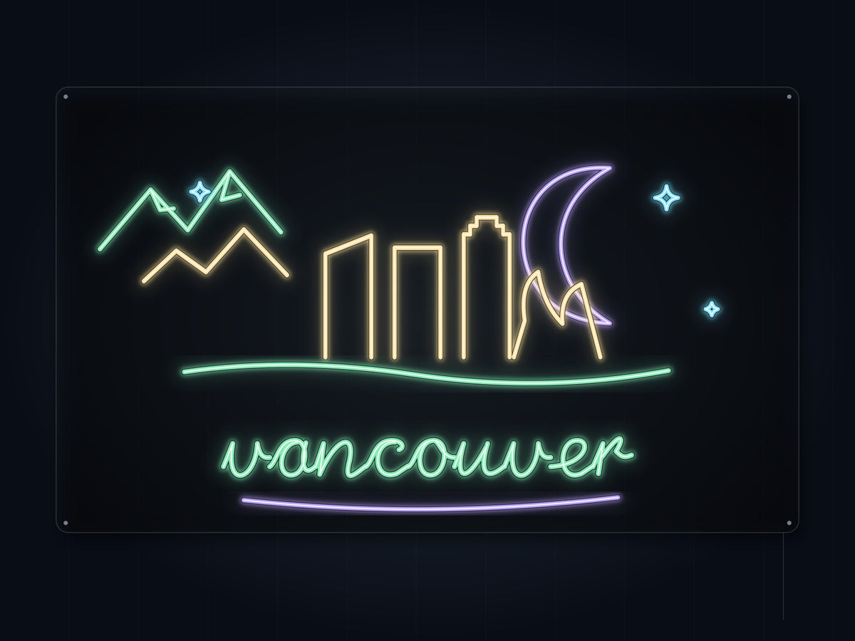 Vancouver Skyline Neon Sign with colorful landmark artwork and flowing city lettering - front digital render