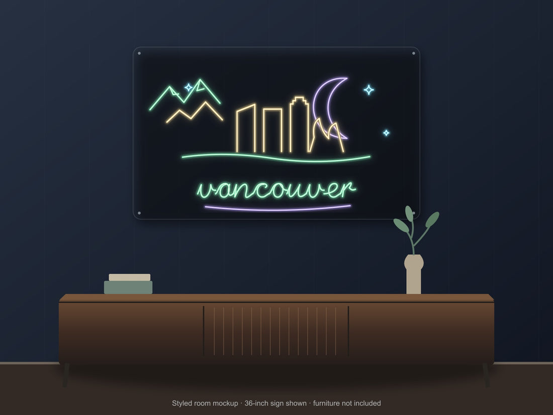 Vancouver Skyline Neon Sign with colorful landmark artwork and flowing city lettering - front digital render