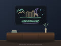 Vancouver Skyline Neon Sign shown above a walnut console in a styled room mockup