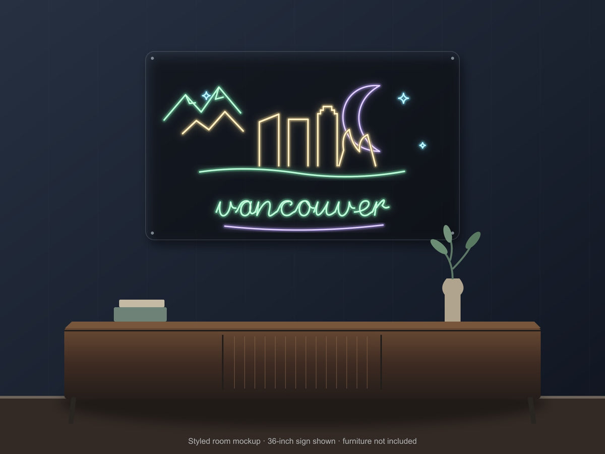 Vancouver Skyline Neon Sign shown above a walnut console in a styled room mockup