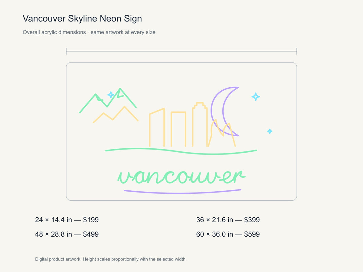 Vancouver Skyline Neon Sign size guide with overall dimensions for all four widths