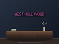 West Hollywood City Name Neon Sign shown above a walnut console in a styled room mockup
