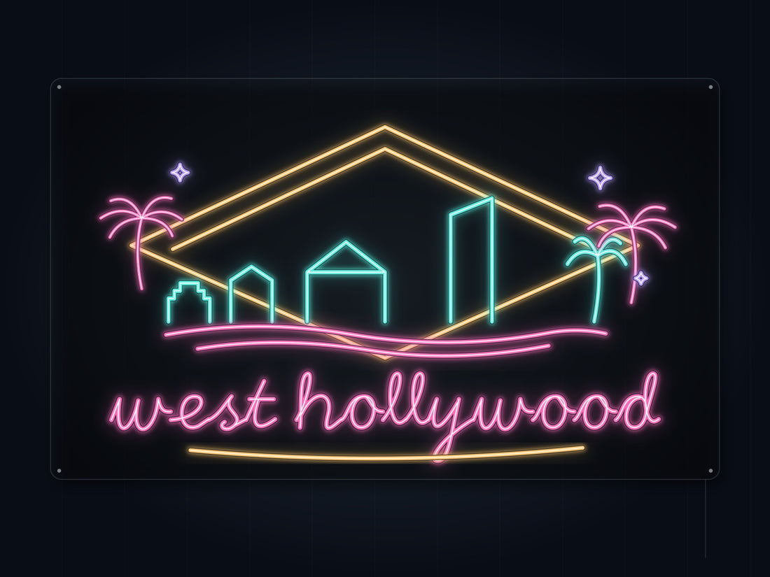 West Hollywood Skyline Neon Sign with colorful landmark artwork and flowing city lettering - front digital render