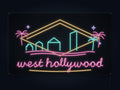 West Hollywood Skyline Neon Sign with colorful landmark artwork and flowing city lettering - front digital render
