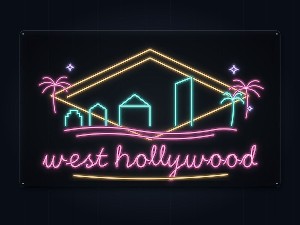 West Hollywood Skyline Neon Sign with colorful landmark artwork and flowing city lettering - front digital render