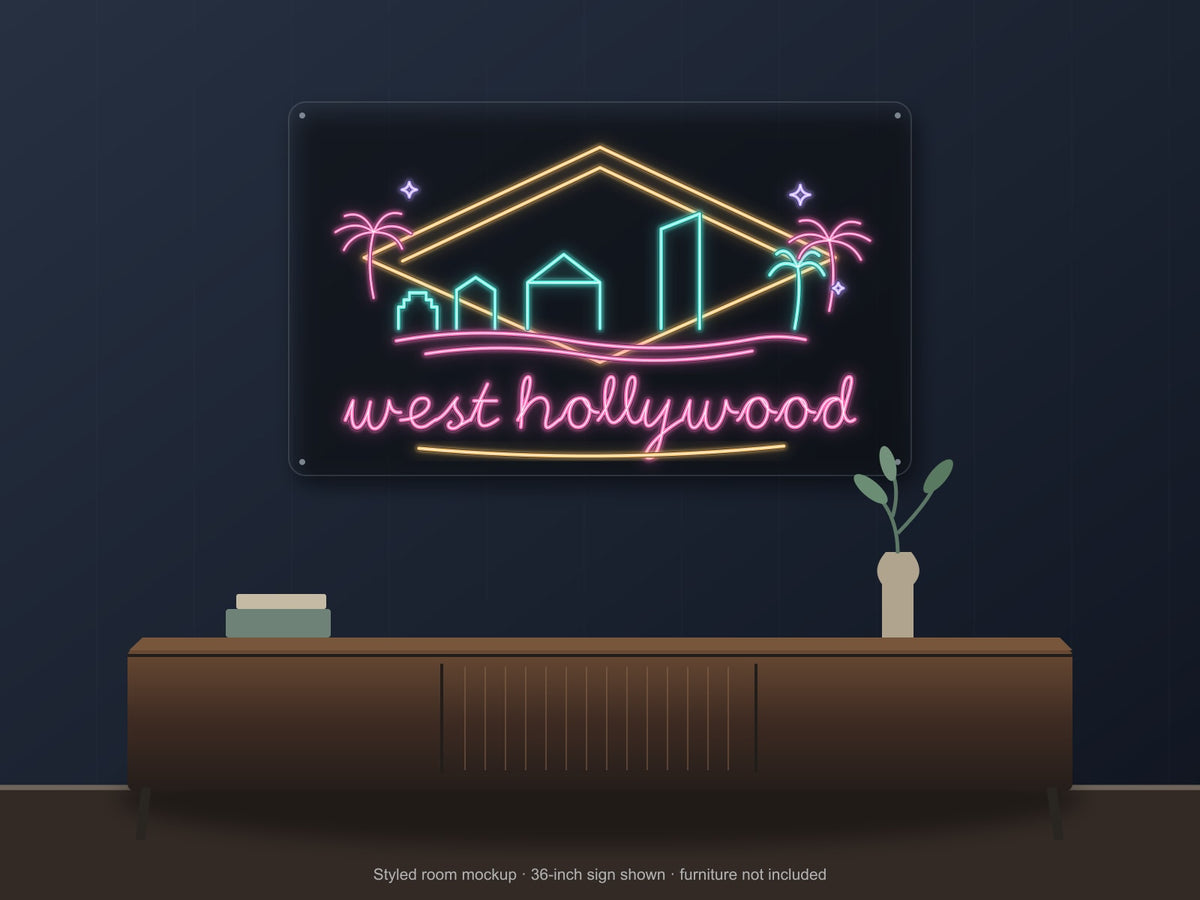 West Hollywood Skyline Neon Sign shown above a walnut console in a styled room mockup