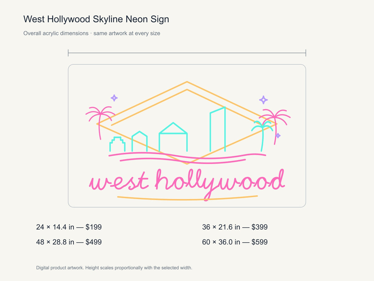 West Hollywood Skyline Neon Sign size guide with overall dimensions for all four widths